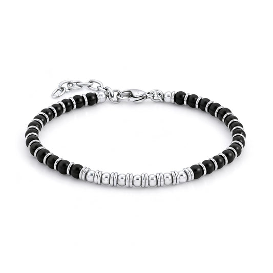 Luxury men’s Nightfall Luxe bracelet featuring black obsidian stones and polished stainless-steel beads with adjustable clasp for a refined modern look.