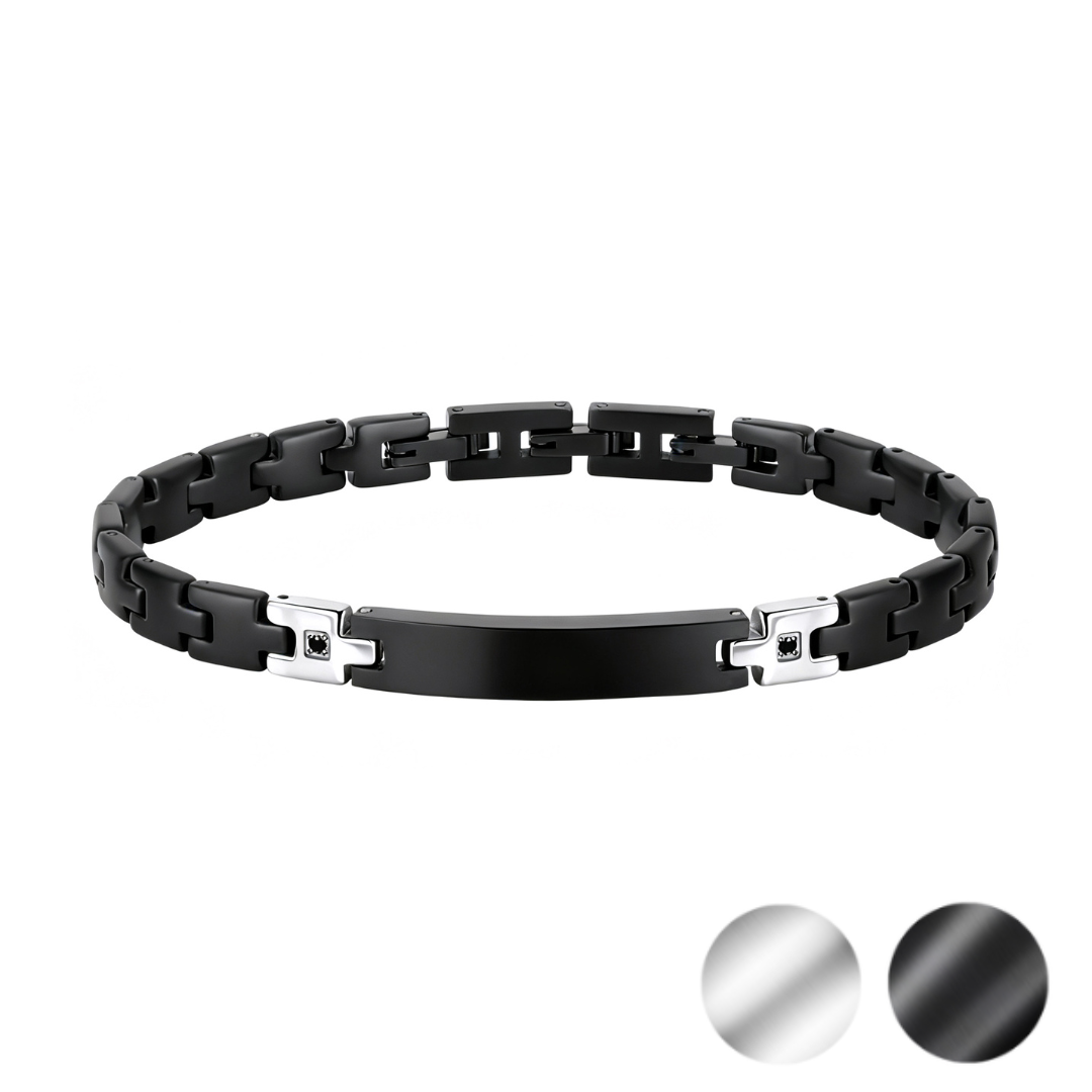 Sentinel bracelet showing black and silver colour variants with stainless steel fishbone chain design