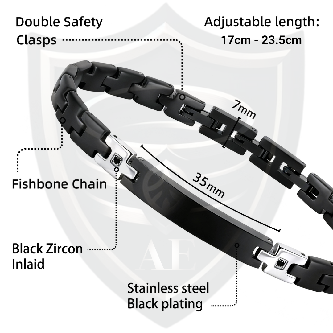 Shadow Sentinel black bracelet feature diagram showing clasp design, zircon inlays, chain details, and measurements.
