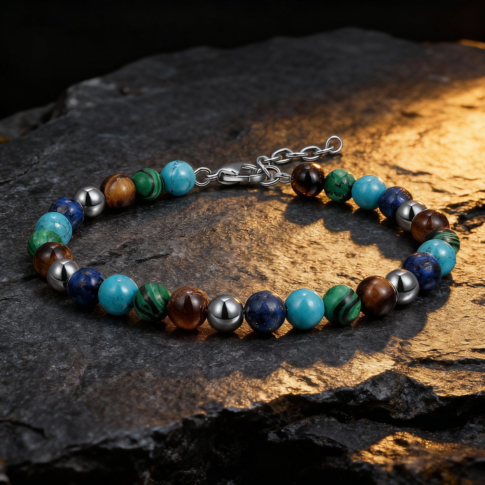Spectrum Luxe bracelet displayed on dark rock surface under warm light, showing vivid turquoise, green, blue, and tiger eye stones.