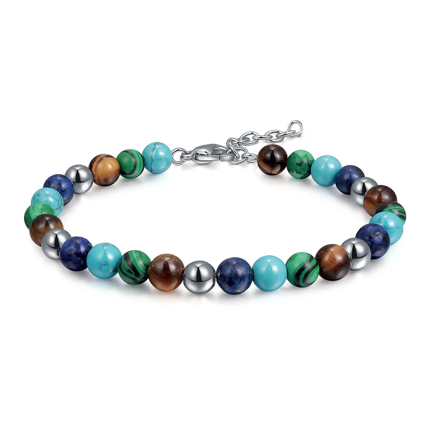 Luxury men’s Spectrum Luxe bracelet featuring multicolour natural stones and polished stainless-steel beads with adjustable lobster clasp.