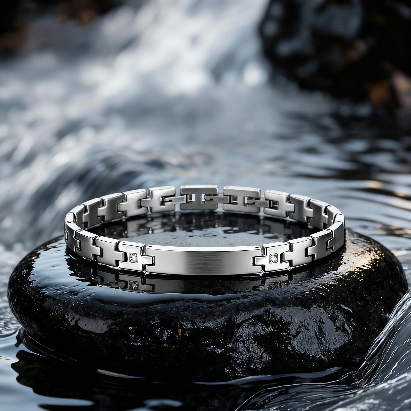 Steel Sentinel silver stainless steel bracelet on wet stone near water