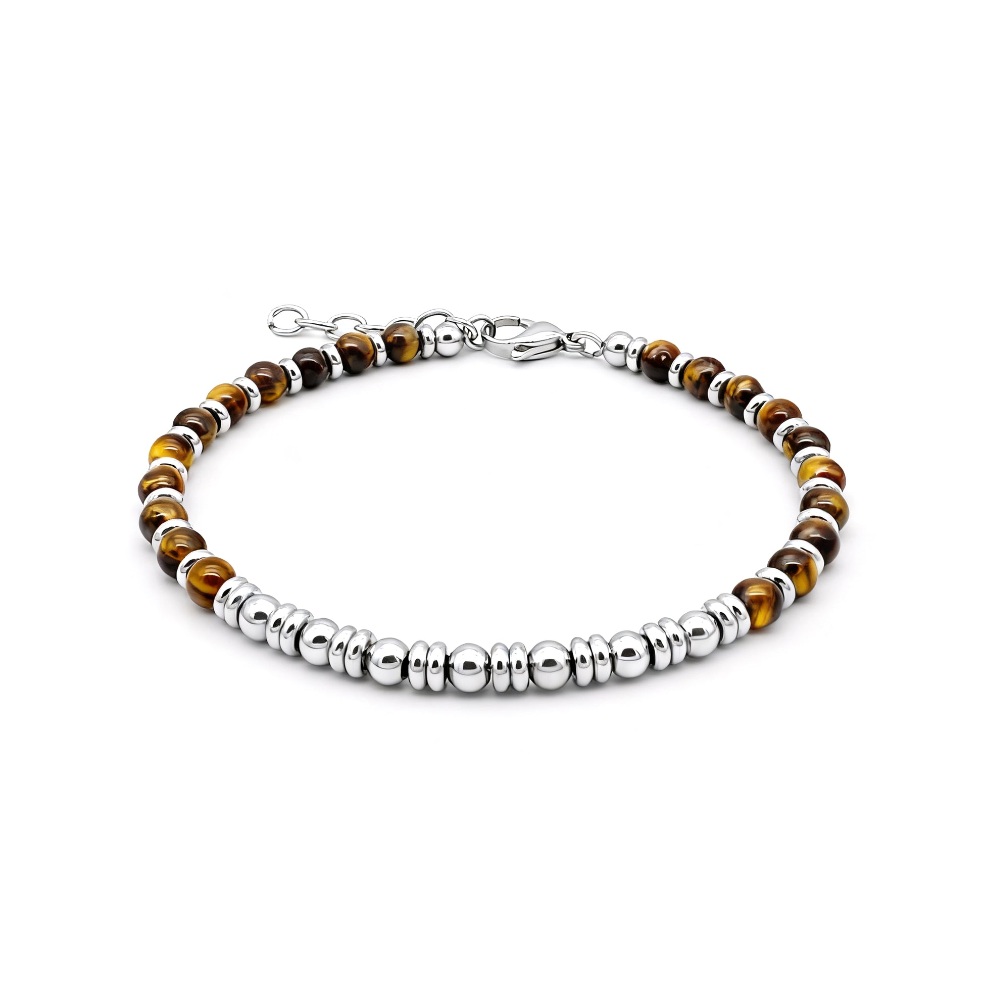 Luxury men’s Tiger’s Spirit bracelet featuring tiger eye stones and polished stainless-steel beads, symbolising courage, focus, and refined strength.