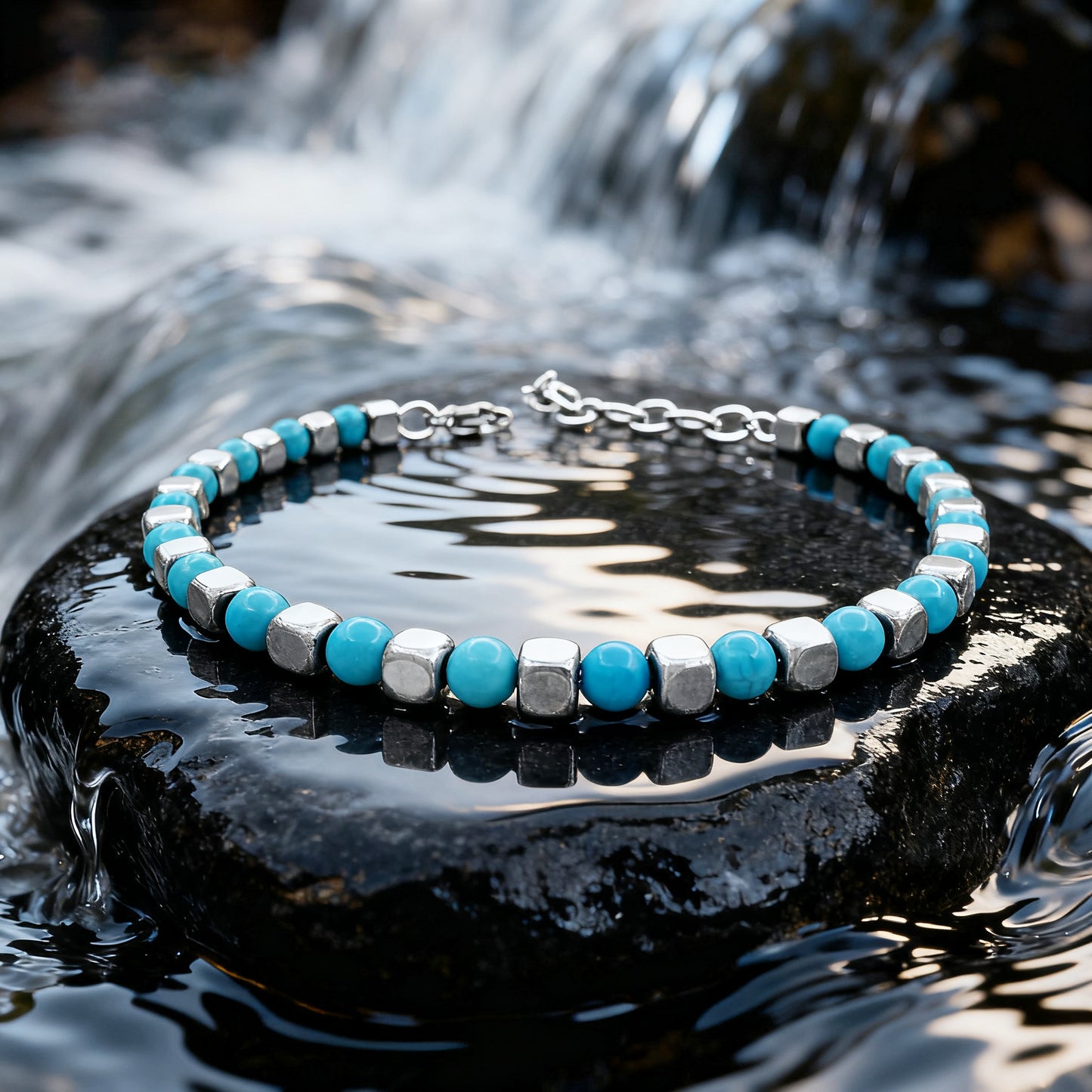 Turquoise Rhythm bracelet displayed on wet rock near flowing water, highlighting the vibrant turquoise stones and sleek silver cube detailing.
