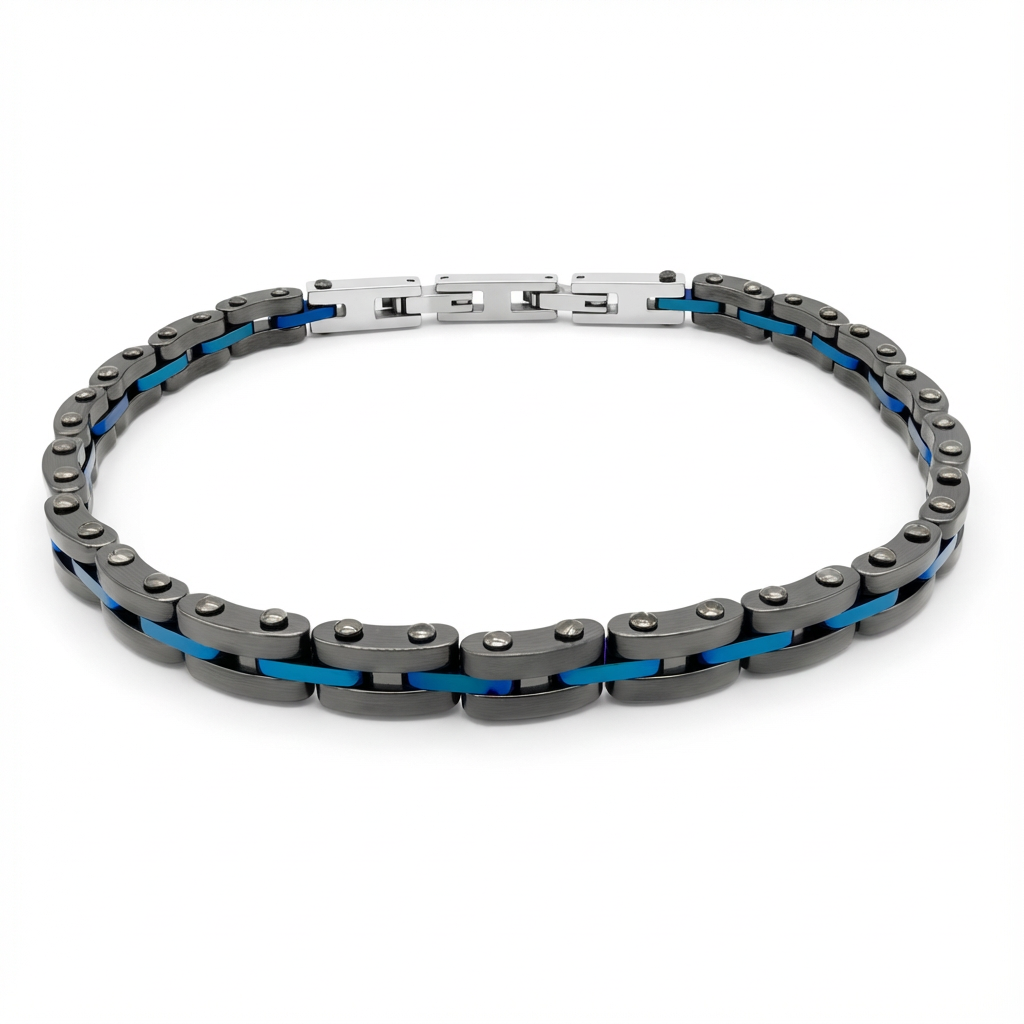 Velocity bracelet in Blue Surge – stainless steel chain link bracelet with anodised blue accent insert and adjustable links, displayed on white background.