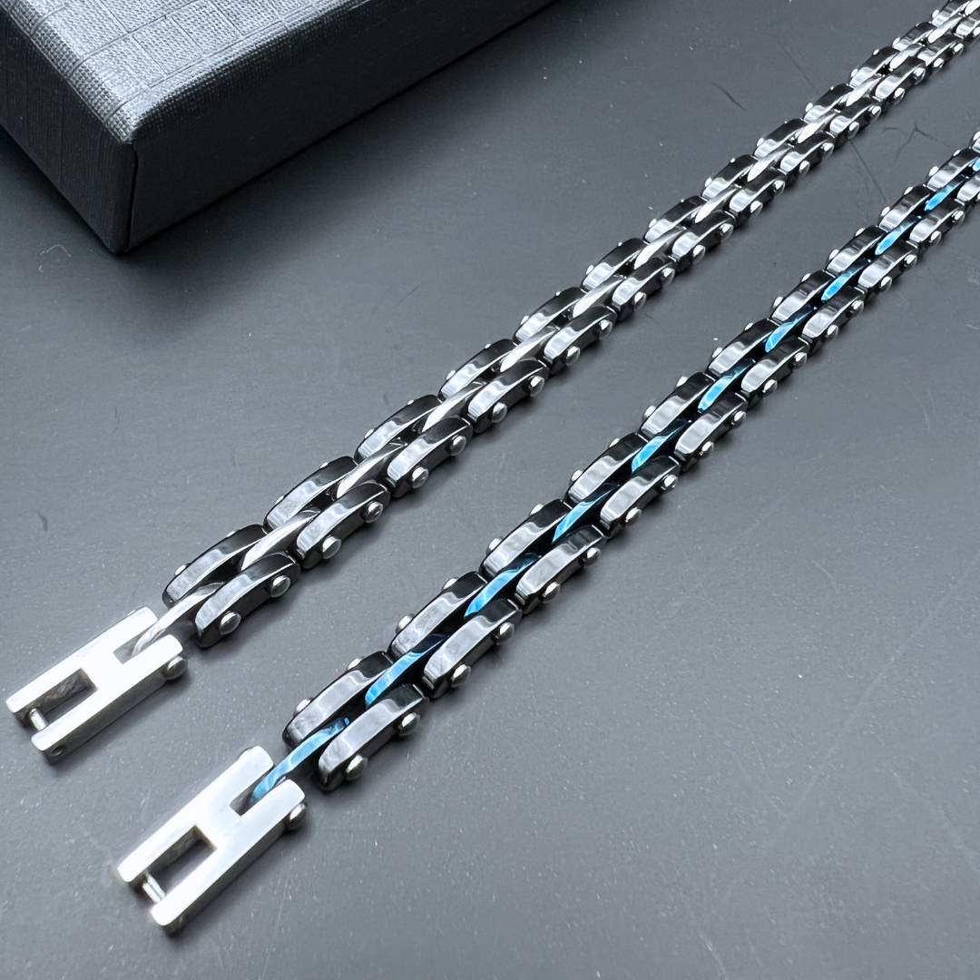 Close-up of Velocity bracelet links in both Steel Surge and Blue Surge colour variants