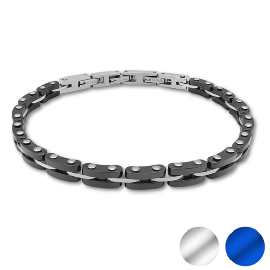 Velocity bracelet main product image displaying both colour options: Polished Steel and Blue Surge stainless steel chain link bracelets with adjustable clasp.