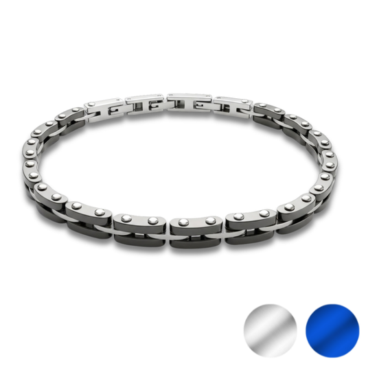 Velocity bracelet main product image displaying both colour options: Polished Steel and Blue Surge stainless steel chain link bracelets with adjustable clasp.