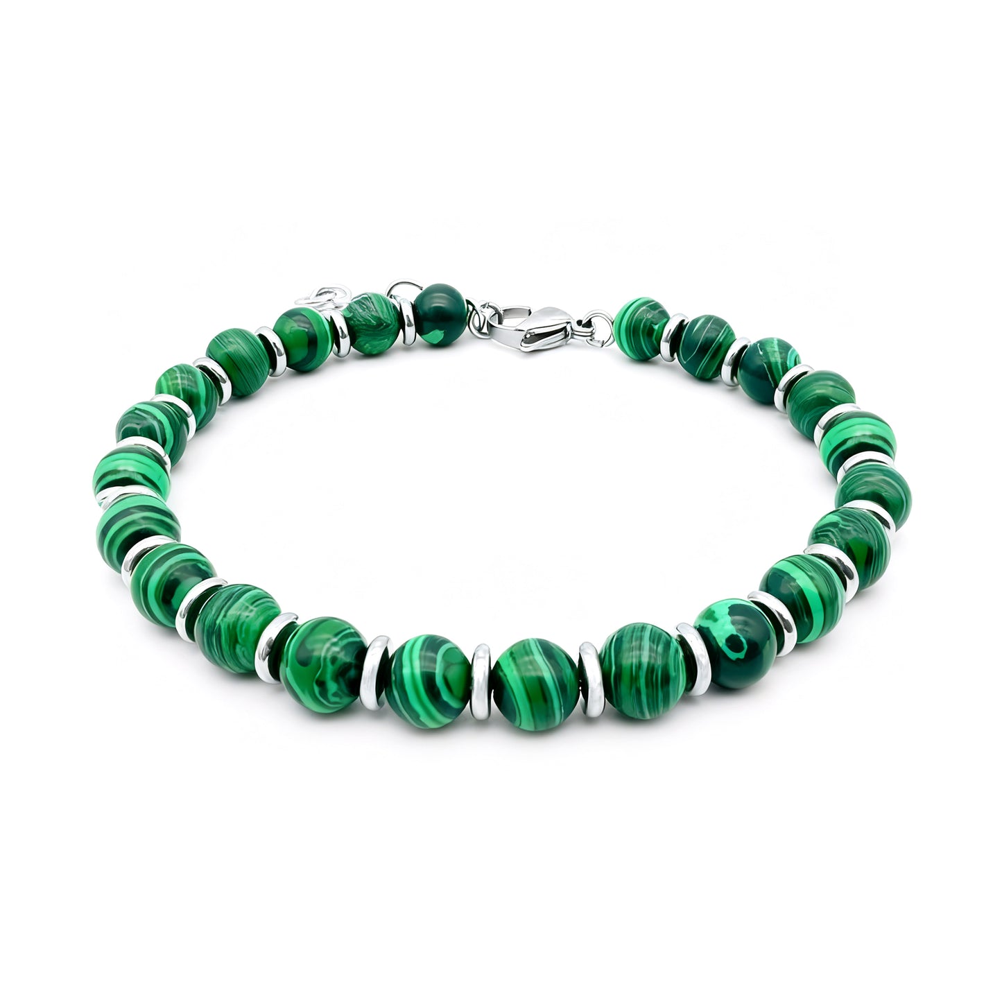 Verdure green beaded bracelet with stainless steel spacers on a clean white studio background.
