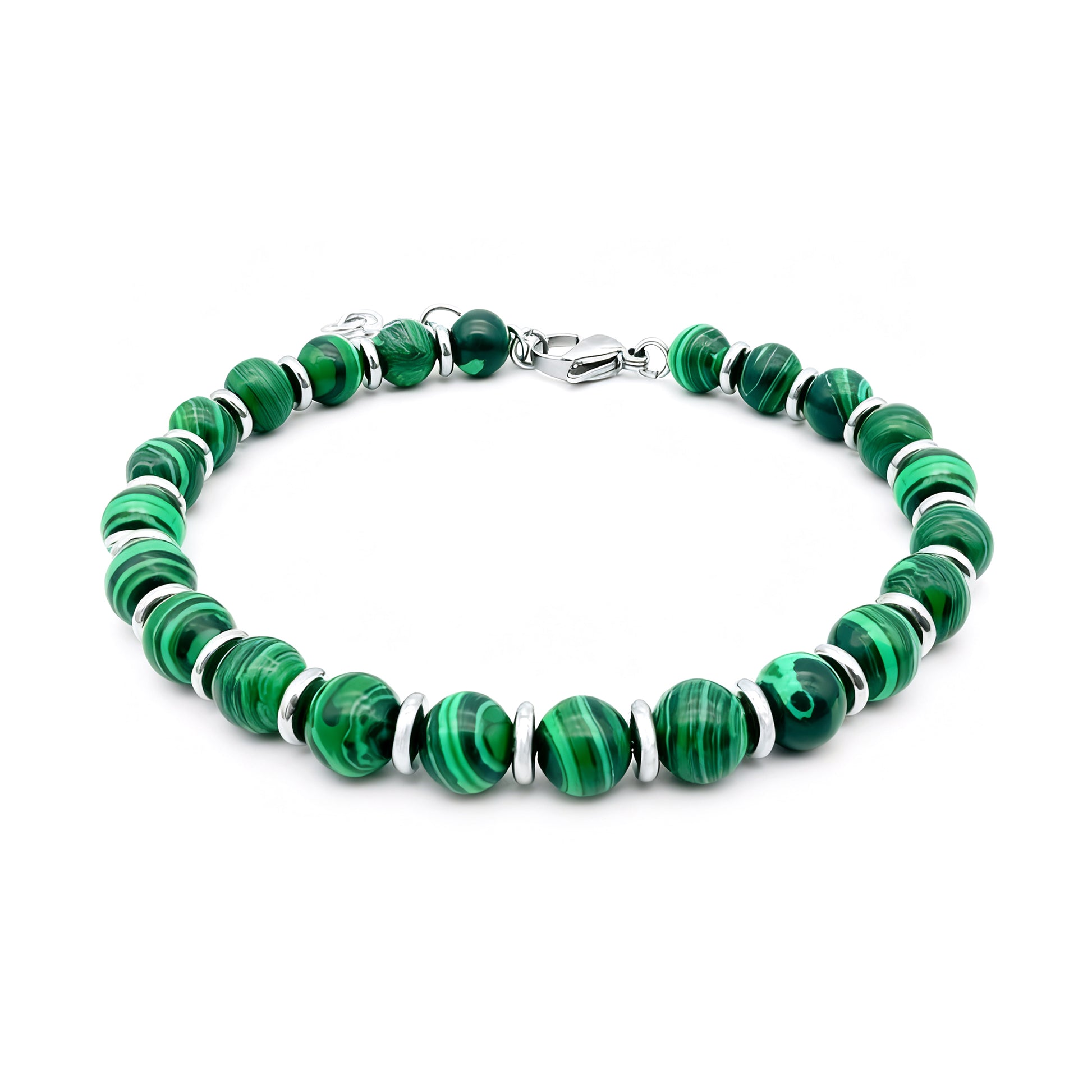 Verdure green beaded bracelet with stainless steel spacers on a clean white studio background.