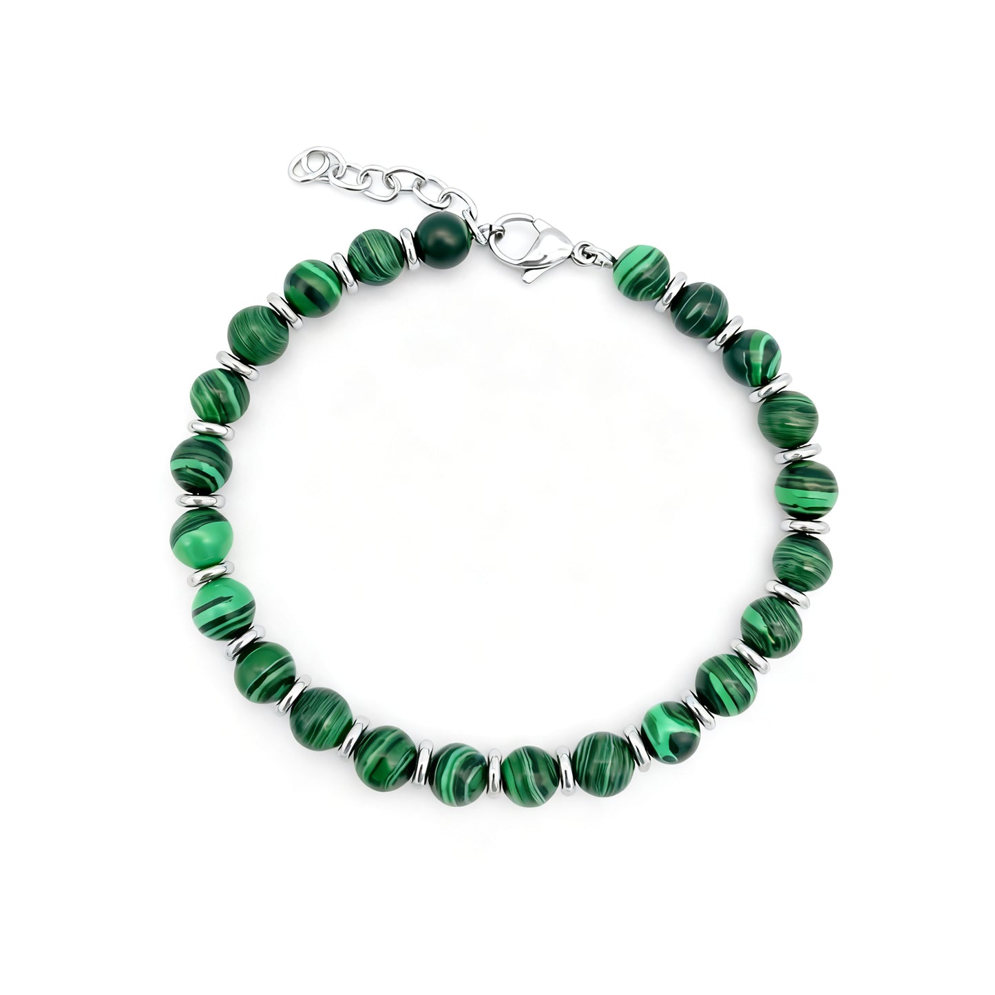 Top view of the Verdure bracelet featuring green beads, stainless spacers, and adjustable clasp.