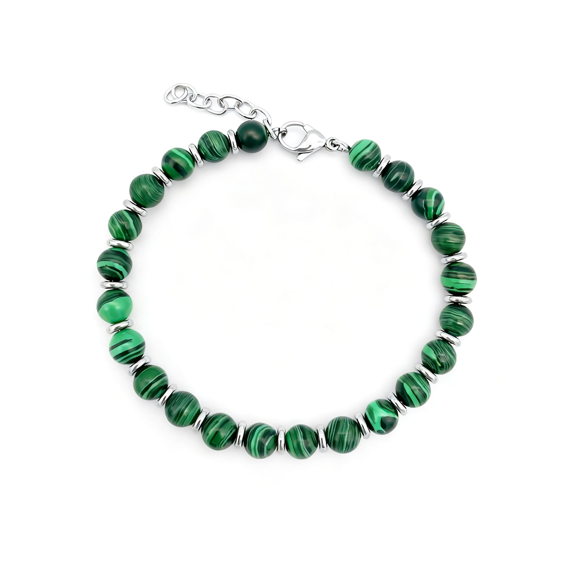 Top view of the Verdure bracelet featuring green beads, stainless spacers, and adjustable clasp.