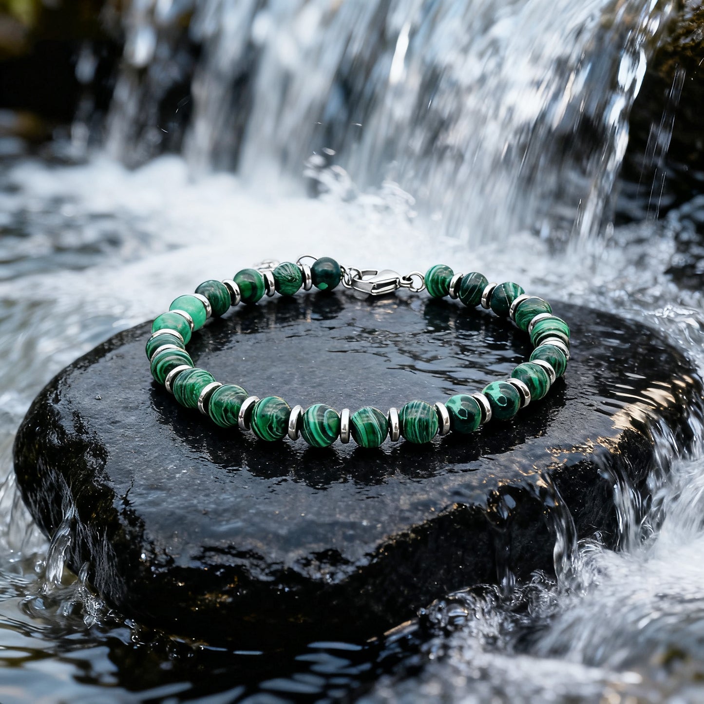 Verdure green stone bead bracelet with stainless spacers displayed on a rock beneath flowing waterfall.