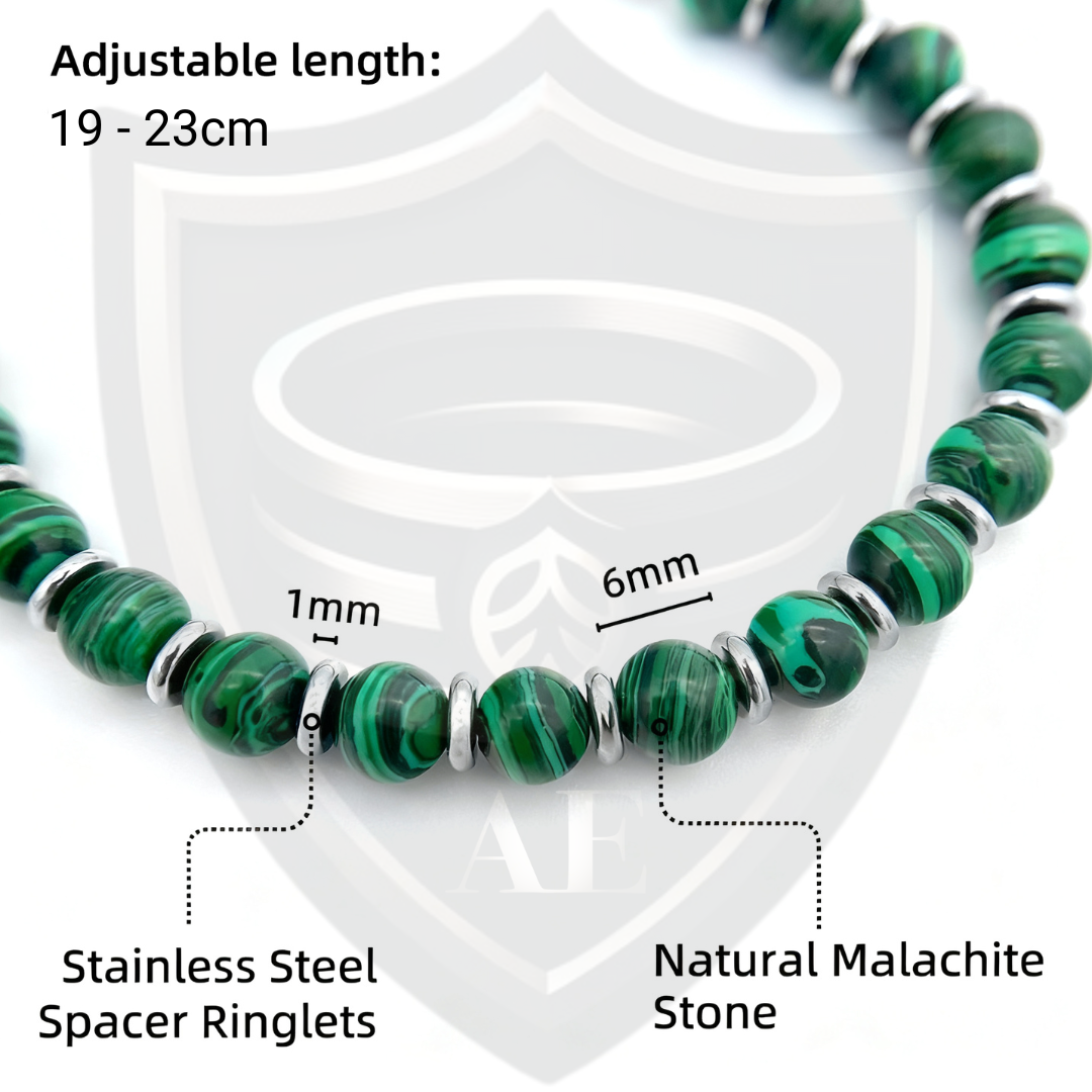 Close-up detail image of the Verdure bracelet showing natural green malachite stones, 1mm stainless steel spacer ringlets, and adjustable 19–23cm length.
