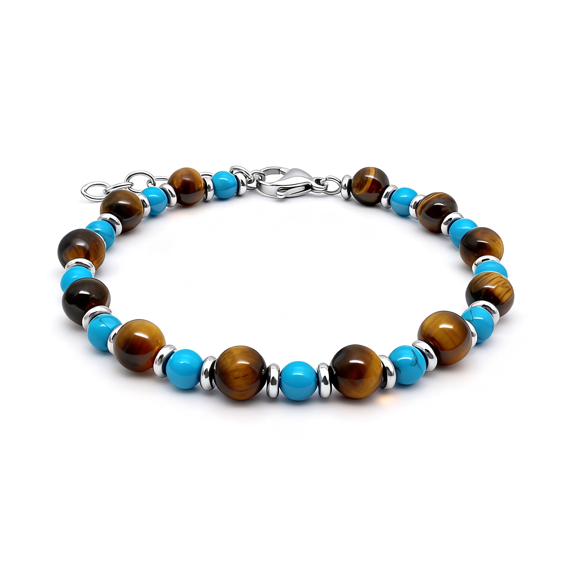 Front main image view of Wild Oasis bracelet displaying turquoise and tiger eye stones with stainless-steel accents and lobster clasp.