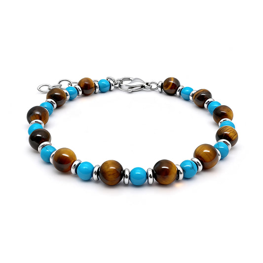 Front main image view of Wild Oasis bracelet displaying turquoise and tiger eye stones with stainless-steel accents and lobster clasp.