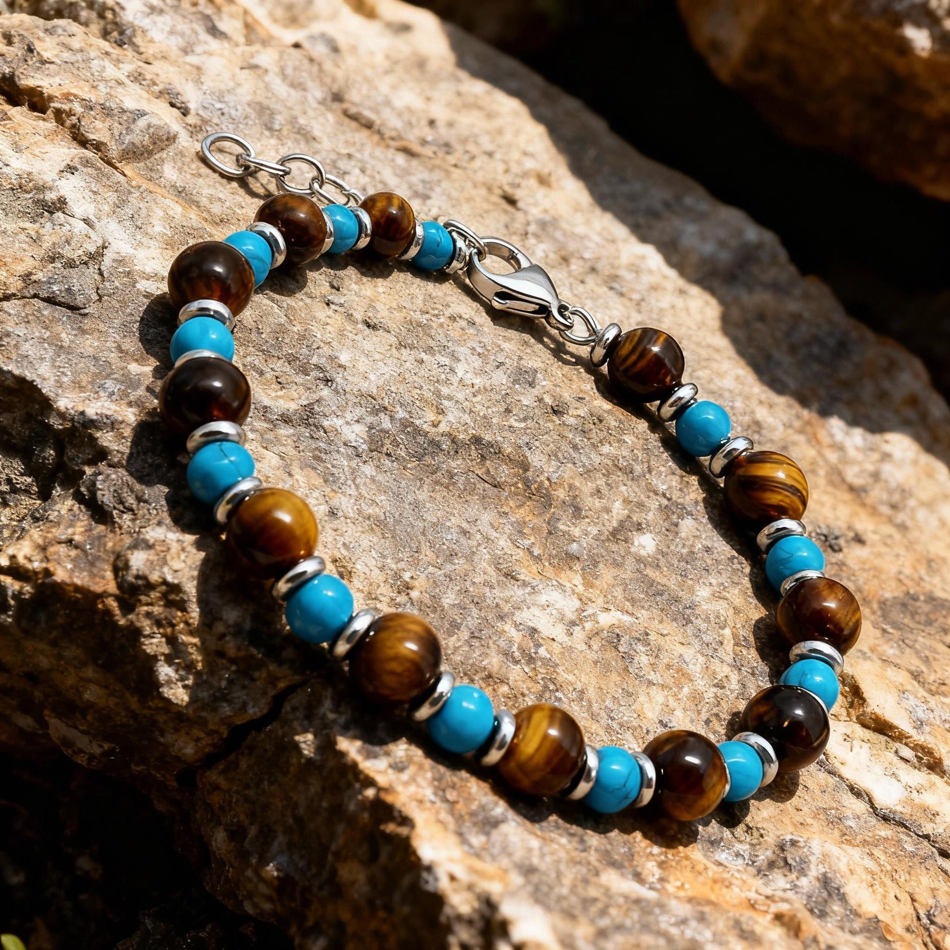 Wild Oasis bracelet on textured stone under natural light featuring turquoise and tiger eye stones with stainless-steel spacers.