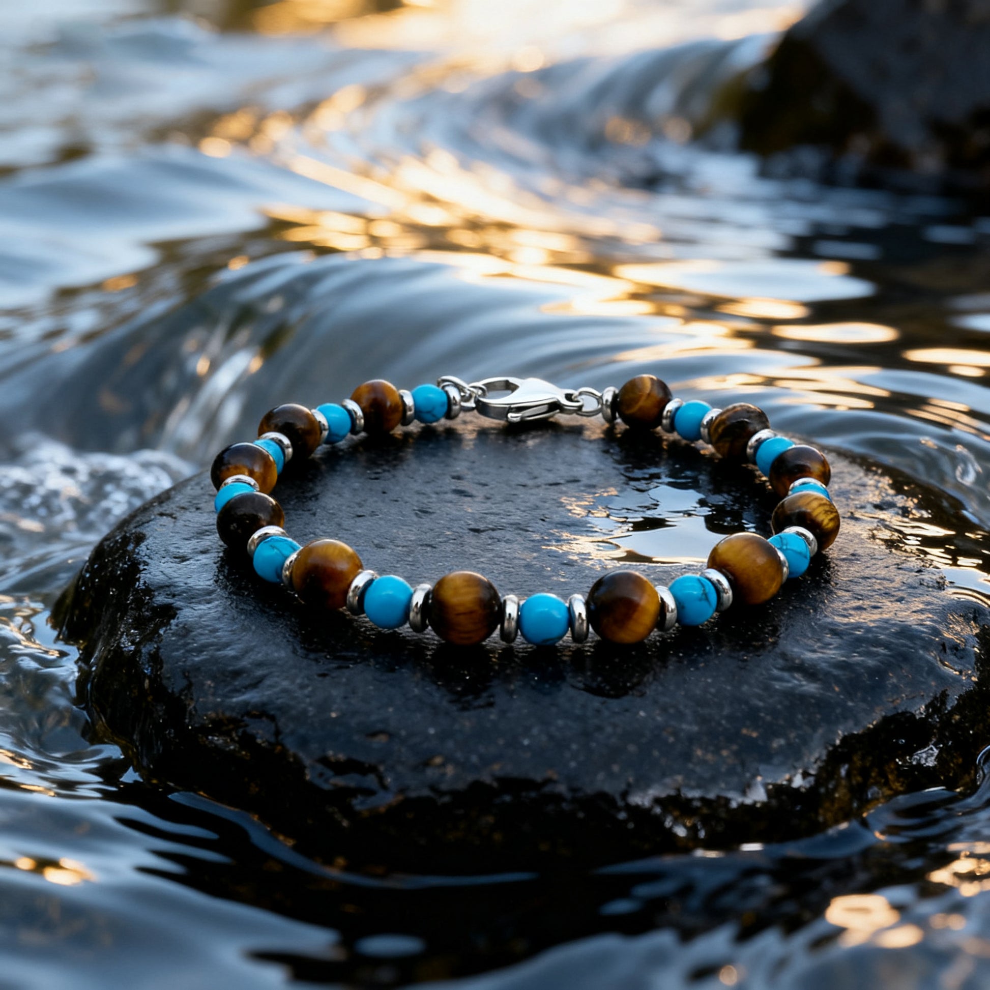 Wild Oasis bracelet showcased on wet rock beside flowing water, symbolizing natural balance and grounded elegance.