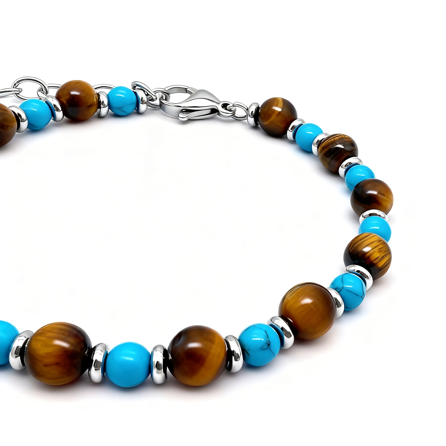 Close-up of Wild Oasis bracelet showcasing turquoise and tiger eye natural stone beads with stainless-steel spacers in a balanced pattern.