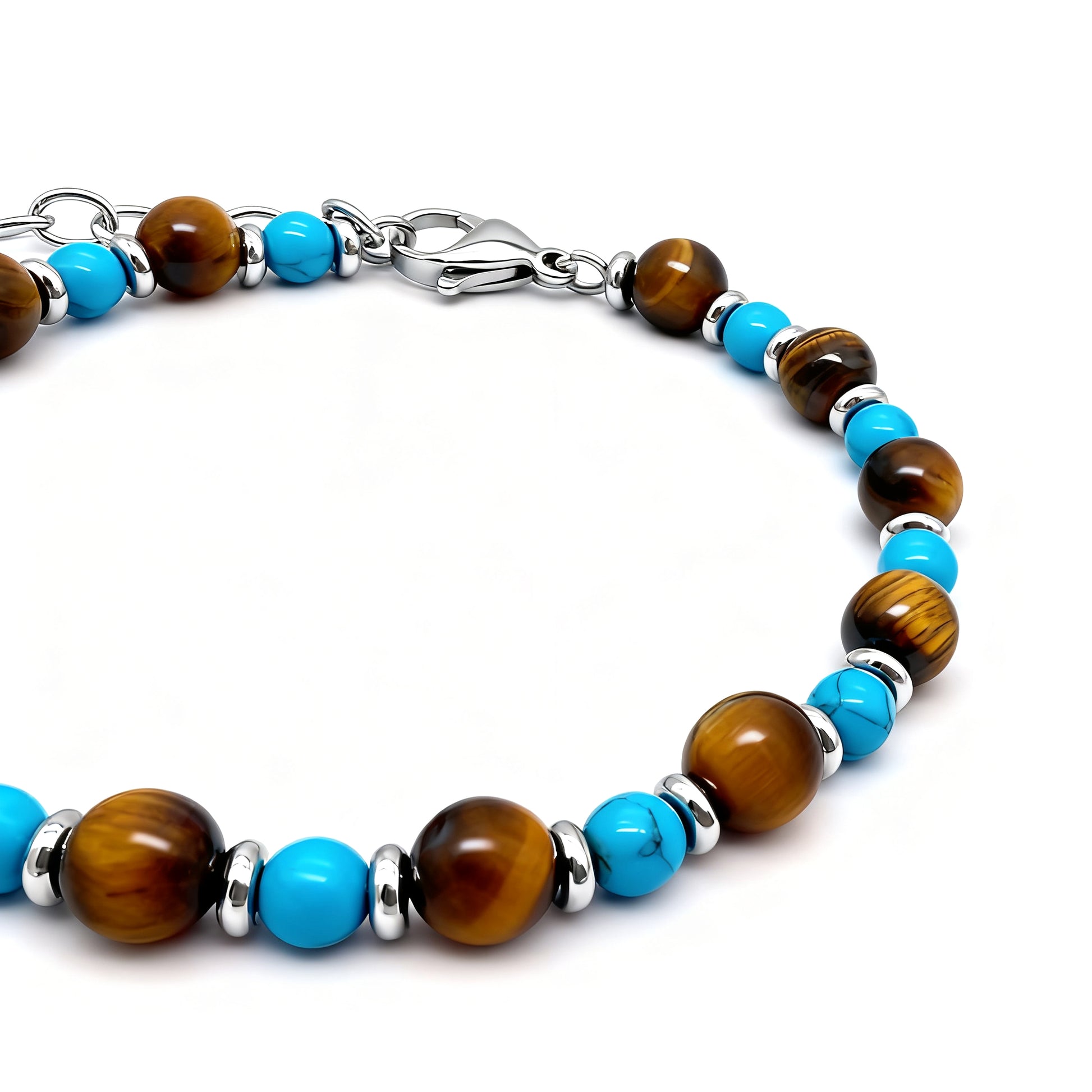 Close-up of Wild Oasis bracelet showcasing turquoise and tiger eye natural stone beads with stainless-steel spacers in a balanced pattern.